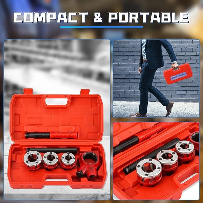 Pipe Threader Ratchet Kit竊?Manual Ratcheting Pipe Threading Tool Set with 3 NPT Dies 1/2" NPT, 3/4" NPT, 1" NPT,Portable Cast Iron Pipe Threading Set for Galvanized Aluminum Iron Copper PVC Pipes