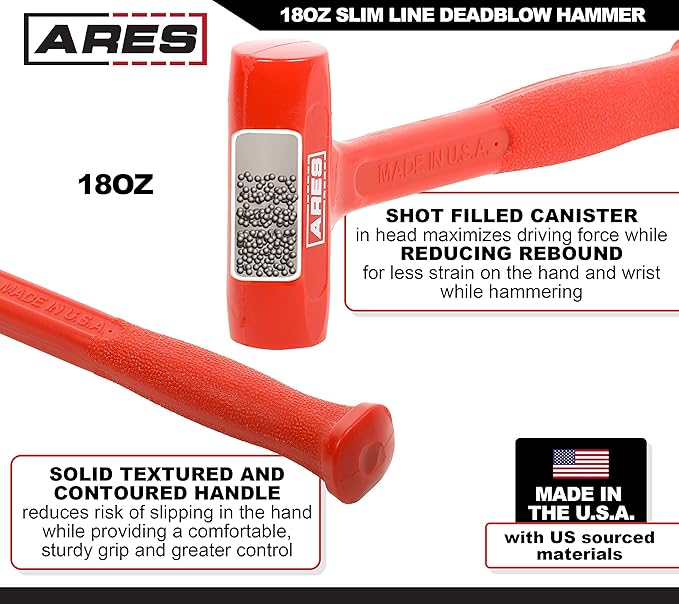 ARES 23050 – 18oz Slim Line Deadblow Hammer – Heavy Head Delivers Powerful Striking Force – Slim Profile Head Design for Greater Impact Accuracy - Made in USA