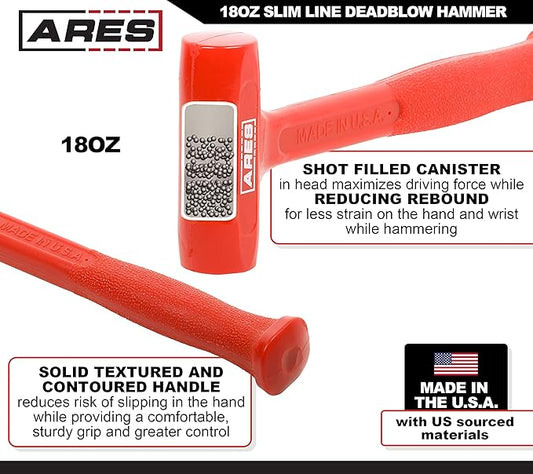 ARES 23050 – 18oz Slim Line Deadblow Hammer – Heavy Head Delivers Powerful Striking Force – Slim Profile Head Design for Greater Impact Accuracy - Made in USA