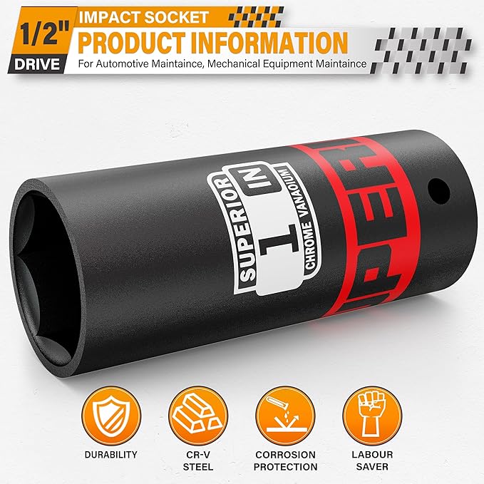 1/2" Drive Impact Socket, 1 inch Deep Socket, SAE, 6 Point, CR-V, for Car Repair, Loosen the Fastening Nut