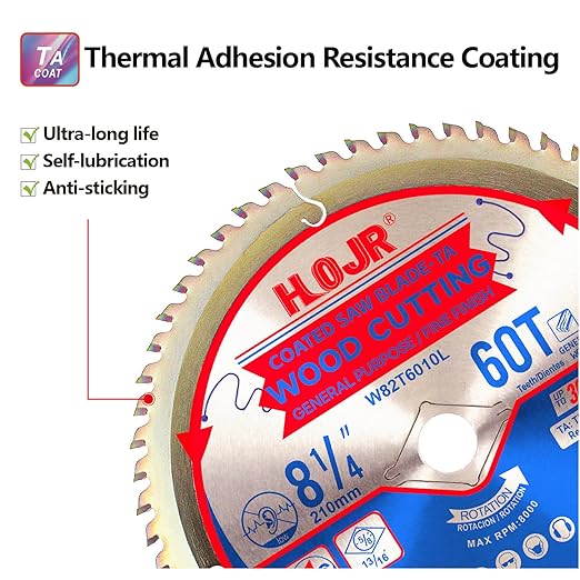 Woodworking Circular Saw Blade,8-1/4" 60-Tooth 5/8" Arbor,Fine Finish/General Purpose, Special Anti-Thermal Adhesion Coating on Cutting Head -TA,High Finish, Long Life,8-1/4" 60T TA
