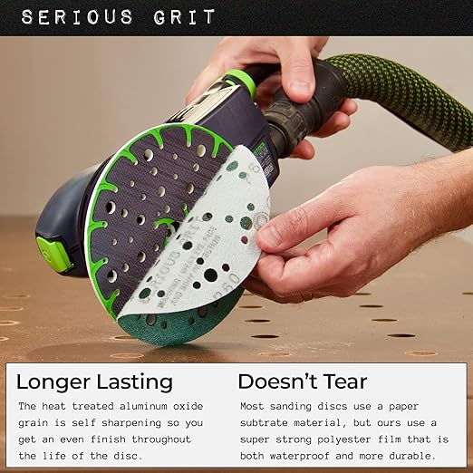 Serious Grit - 6-Inch 49-Hole High Grit Sanding Discs Assortment - 320, 400, 600, 800, 1000 Grit (10 of Each) - Wet Dry Hook & Loop Film Discs - Sandpaper for Random Orbital Sanders - 50 Pack Box