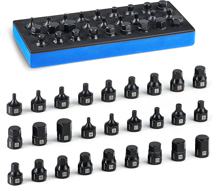 toolant 3/8"drive impact hex bit socket set 27PCS,Hex Drive, SAE/Metric, 5/32"-11/16",4mm-17mm, S2 Steel Air Drive Allen Socket set,Impact Grade竊똀nti-Roll Design