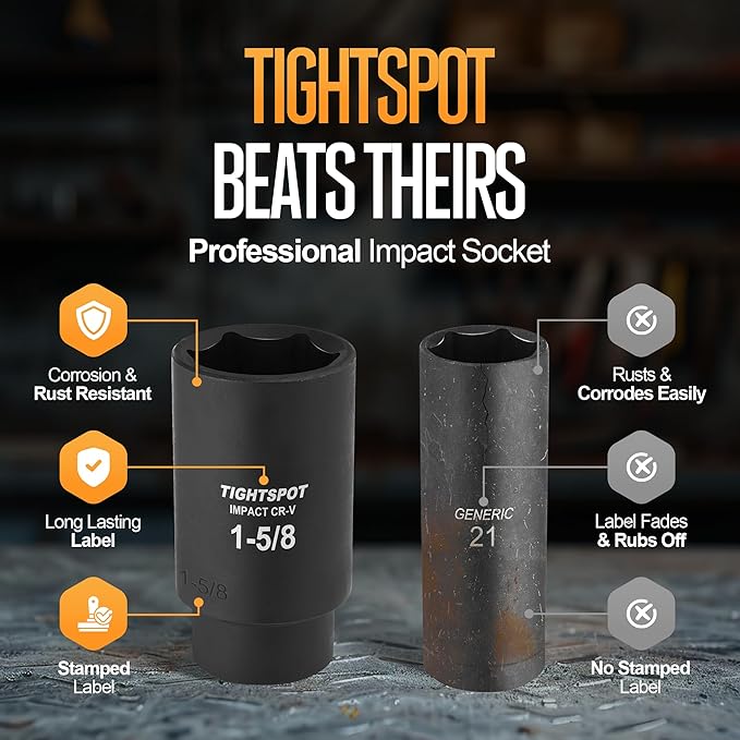 TIGHTSPOT 1/2 Inch Drive 1-5/8 Inch Deep Impact Socket with Anti-Rounding 6 Point Design, Heat-Treated CRV Steel