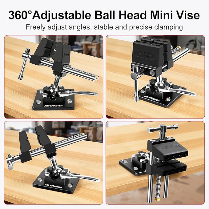 ArtyMaster Vise 4-Inch 360째 Ball Joint Swivel Bench Vise, Heavy Duty Aluminum Workbench Vise with Quick Ratchet Lock, Silicone Jaw Pads, Ideal for Woodworking, Repair & DIY Projects (WT117B)