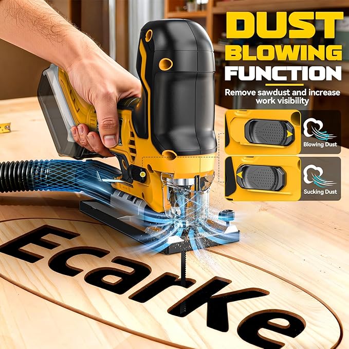 Ecarke Cordless&Brushless Jig Saw Compatible With Dewalt MAX 20V(Only Tool), 3800RPM, 7 Speeds Dial Control, Free-Tool ±45° Bevel Cuts, 4 Orbital Action, Dust Blows and 6 Blades For Cutting