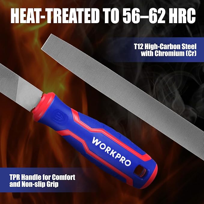 WORKPRO Metal File Set 3PCS 8 Inch High Carbon Steel Flat, Round & Half-Round Files for Metal, Wood & Plastic, Durable Hand Tools for Shaping, Smoothing & Finishing