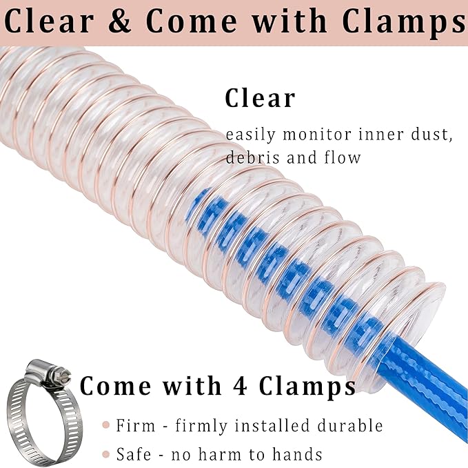 PU Dust Collection Hose 2??횞 20 ft Heavy Duty Clear Flexible Collector Hose Reinforced with Spiral Steel Wire for Dust Collection Systems Fume Debris Band Saw Jointer Wood Shop (PU Durable Type)