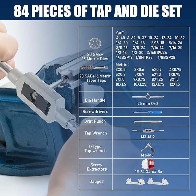 Anfrere 84pc Tap and Die Set in SAE & Metric Sizes, Standard Tap Set and Die Tool Set for Threading and Rethreading Internal and External Threads, M3-M12 Thread Repair Kit