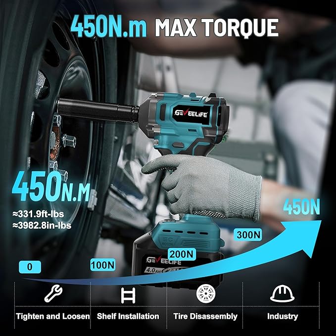 GEVEELIFE 450N.m/332Ft-lbs Brushless Impact Wrench,1/2" Cordless Impact Gun with 4.0Ah Battery & 6 Sockets, Electric Impact Driver for Car/DIY Furniture/Lawn Mower/blue (450N)