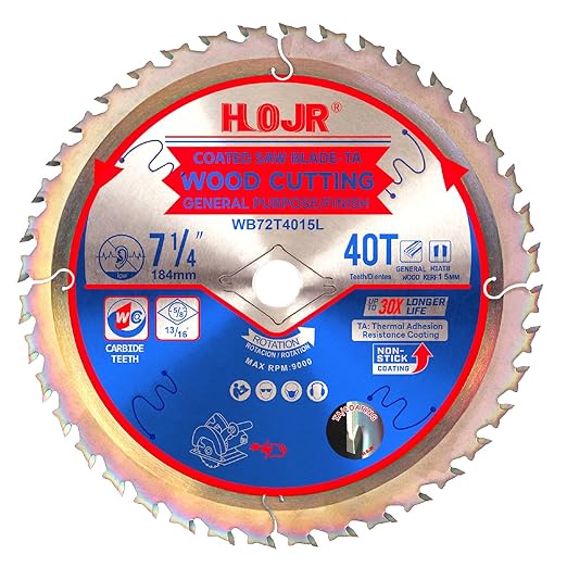 Circular Saw Blade Woodworking TA Series 7-1/4" 40-Tooth Arbor: 5/8", for Finishing/General Purpose Wood Cutting, Anti-Thermal Adhesion Coating on Cutting Head -TA, 7-1/4" 40T TA