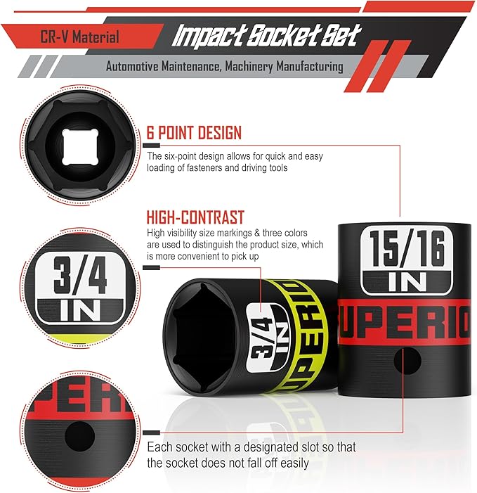 14 Piece 1/2" Drive Impact Socket Set, 3/8??to 1-1/4??Shallow Socket, SAE, 6 Point, CR-V, Automotive Maintenance, Machinery Manufacturing