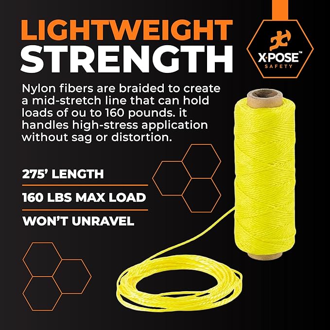 Xpose Safety Yellow Mason Line String ??#18 Braided Nylon Twine ??275 Ft Durable Construction Line for Masonry Tools, String Level, Landscaping, and Gardening Pack of 2
