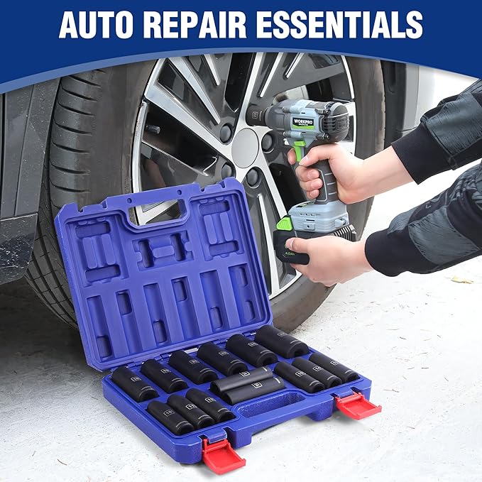 WORKPRO 14-Piece 1/2竊?Drive Deep Impact Socket Set, 6-Point Impact Deep Socket Set with Heavy Duty Storage Case for Automotive and Mechanical Repairs, 10mm-27mm, Cr-V Steel, Metric