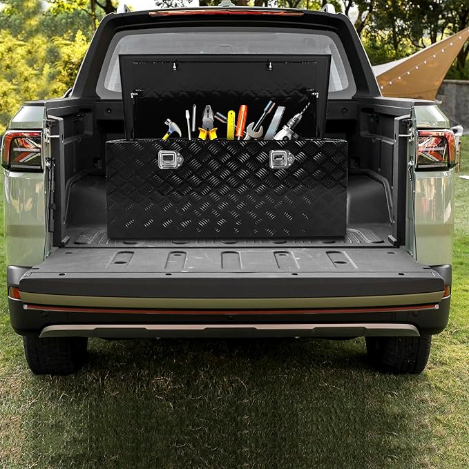 confote 44 Inch Heavy Duty Aluminum Stripes Plated Tool Box Pick Up Truck Bed RV Trailer Toolbox Waterproof Square Storage Organizer with Side Handle, Lock and Keys -44"x 19.5"x 17.5"竊똁lack
