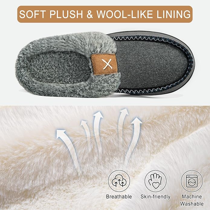 Homitem Mens Slippers Moccasins Memory Foam Fuzzy Slippers for Men Wool-Like Plush Fleece Lined House Shoes Indoor Outdoor Anti-Skid Rubber Sole Home Bedroom