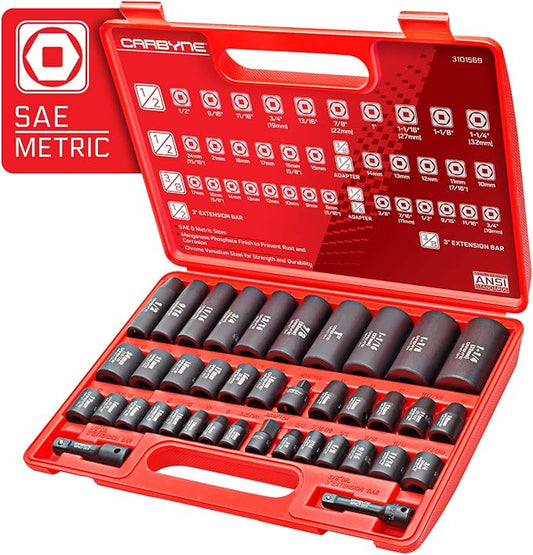 CARBYNE 40-Piece Impact Socket Set | SAE & Metric - Standard and Deep Sockets. 6-Point Design. Metric 8mm-32mm, SAE 3/8" to 1-1/4". Cr-V Steel, Corrosion Resistance, Durable Case | 3/8'' & 1/2'' Dr