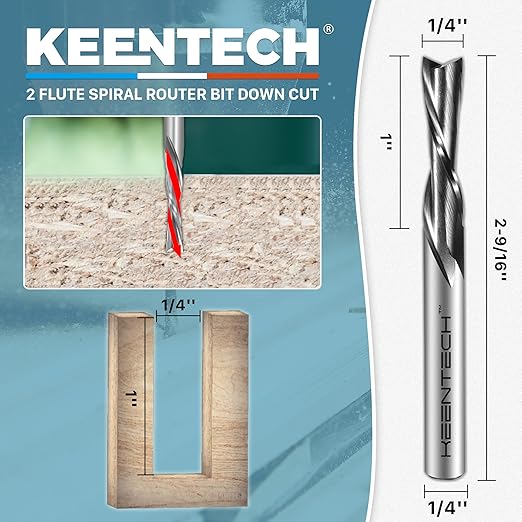 KEENTECH 1/4" Shank Downcut 2 Flute Flat Tip Sprial Router Bit for CNC Router Machine, 1/4" Cutting Diameter, 1" Cutting Depth, for Wood Cutting, Custom Furniture, Slot Mortise, Engraving, Carving