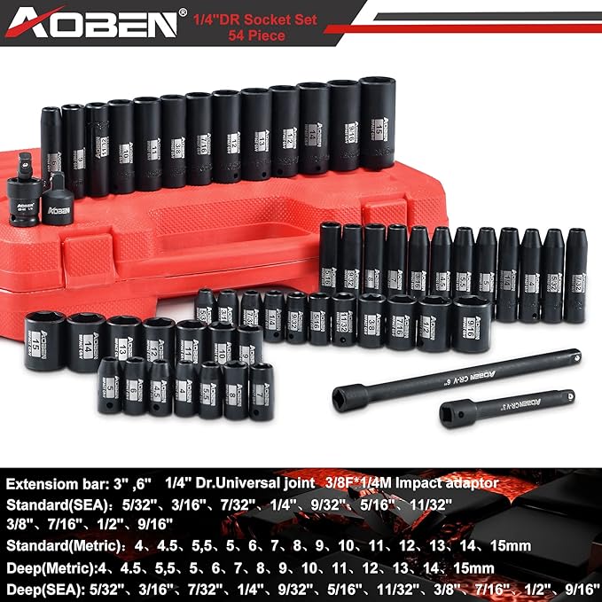 AOBEN 1/4-Inch Drive Impact Socket Set, 54 Pieces, 6 Point, SAE/Metric, (5/32" - 9/16" 竊?mm -15mm)竊똃eep/Shallow, Cr-V Steel, Includes Extension bars and Socket Adapter