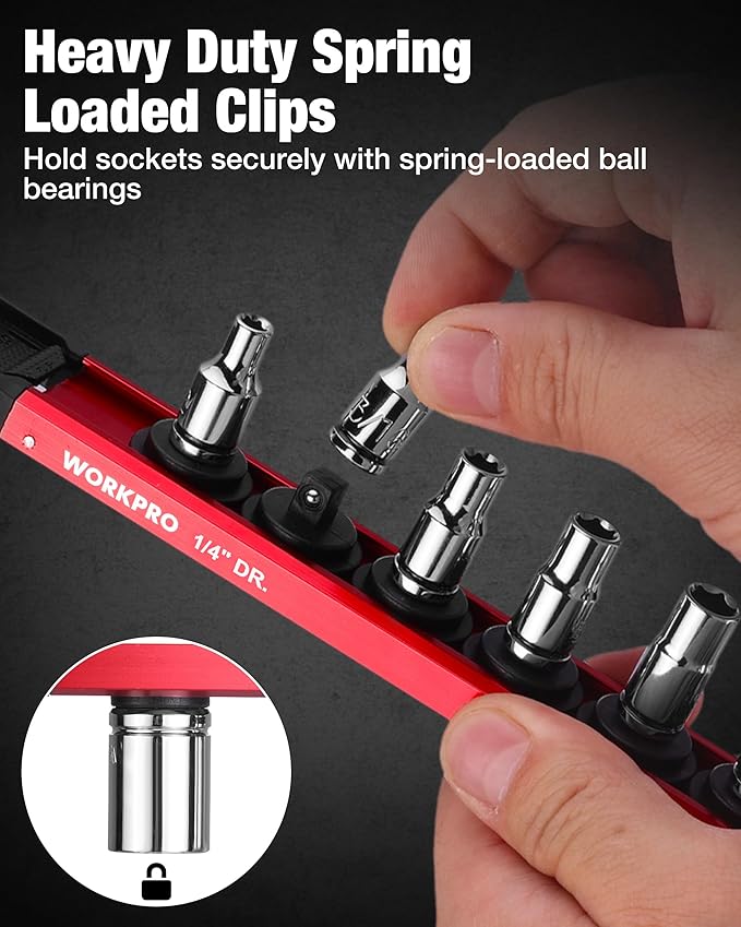WORKPRO Magnetic Socket Organizer Set, 1/2" 3/8" 1/4" Drive Aluminum Alloy Socket Holder with Removable Socket Clips for Quick Customization, 6PC Socket Rail for Tool Box Drawer (Sockets Excluded)