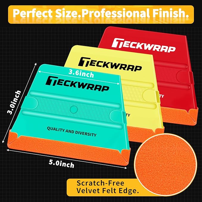 TECKWRAP Felt Squeegee for Vinyl Wrap, Pro Car Wrap Tool Kit with 3 Hardness Levels (Soft/Medium/Hard), Trapezoid Shape, Premium Felt Edge (Yellow 40A / Green 50A / Red 60A)