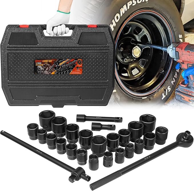 Impact Socket Set, 3/4 Inches Drive Socket Set Impact Standard SAE (7/8 Inches to 2 Inches) & Metric Sizes (22 mm-50 mm), 27 Piece Standard Impact Sockets with Extension Bars and Ratchet Handle