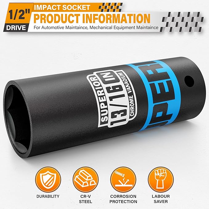 1/2" Drive Impact Socket, 13/16 inch Deep Socket, SAE, 6 Point, CR-V, for Car Repair, Loosen the Fastening Nut