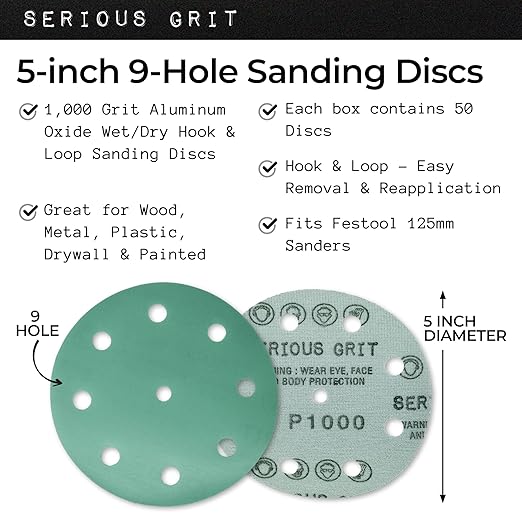 Serious Grit - 5-Inch 9-Hole 1000 Grit Sanding Discs - Heavy-Duty Hook & Loop Film Discs - Sandpaper for Random Orbital Sanders - 50 Pack Box