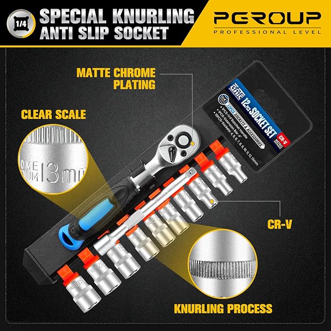 12PCS 1/4" Drive Metric Socket Wrench Set, 90-Tooth Reversible Ratchet Handle竊? Point Shallow Sockets (4-13mm) and Extension Bar 4", CR-V Steel, Tool Set For Car,Motorcycle,Bike Repair