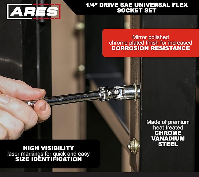 ARES 39014 ??7-Piece 1/4-Inch Drive SAE Universal Flex Socket Set ??6-Point Sockets from 3/16-Inch to 9/16-Inch - Universal Joint Flex Design For 360 Degree Access ??High Visibility Laser Markings