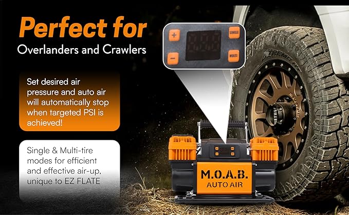 EZ FLATE M.O.A.B. Auto Air Compressor w/LCD Display, Set Target Pressure, dual air compressor, 10.6 CFM Offroad Air Compressor 4x4, 150 PSI, Inflator With Pressure Gauge