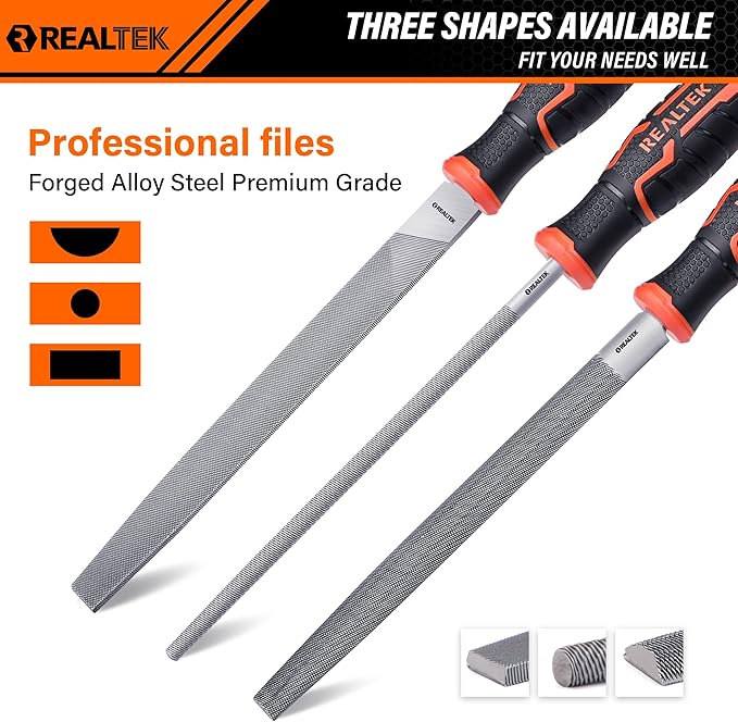 REALTEK 3-Piece Metal File Set, 12-inch Double Sided Steel Set, Includes Half-Round/Round/Flat Files, T12 Carbon Sharpening File, Professional Hand Files for Hard Metal Shaping
