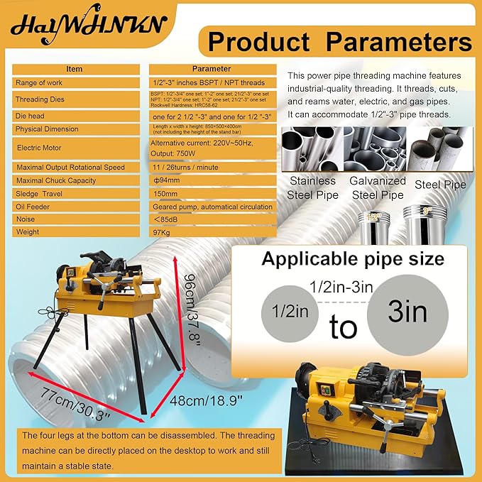 HayWHNKN Pipe Threader Machine, 1/2" to 3" Electric Pipe Threading Machine Cutter, 220V 750W Heavy Duty Power Threader with NPT & BSPT Dies, for Pipes in Plumbing, Electrical and Gas Installation