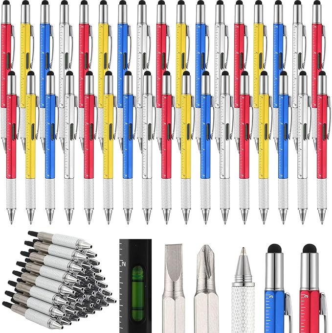 Yeaqee 40 Pcs Stocking Stuffers Bulk for Men 6 in 1 Screwdriver Multi Tool Pens with Refills Ruler Level Gauge for Party Favor Father's Christmas White Elephant Gifts (Classic Color)