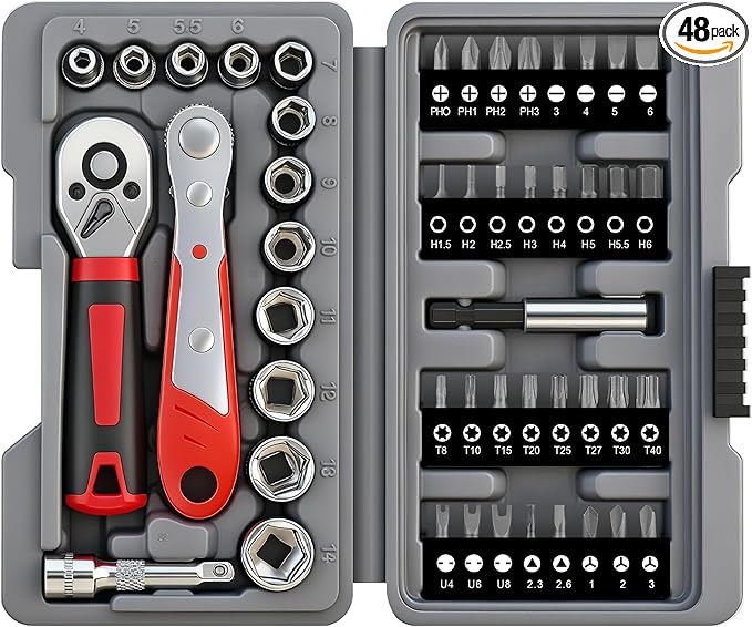 Hi-Spec 48pc Ratcheting Screwdriver & Socket Set, 1/4" Drive Mini Bit Ratchet and Quick-Release Ratchet, CR-V Sockets 4??4 mm, Security Bits in Portable Case