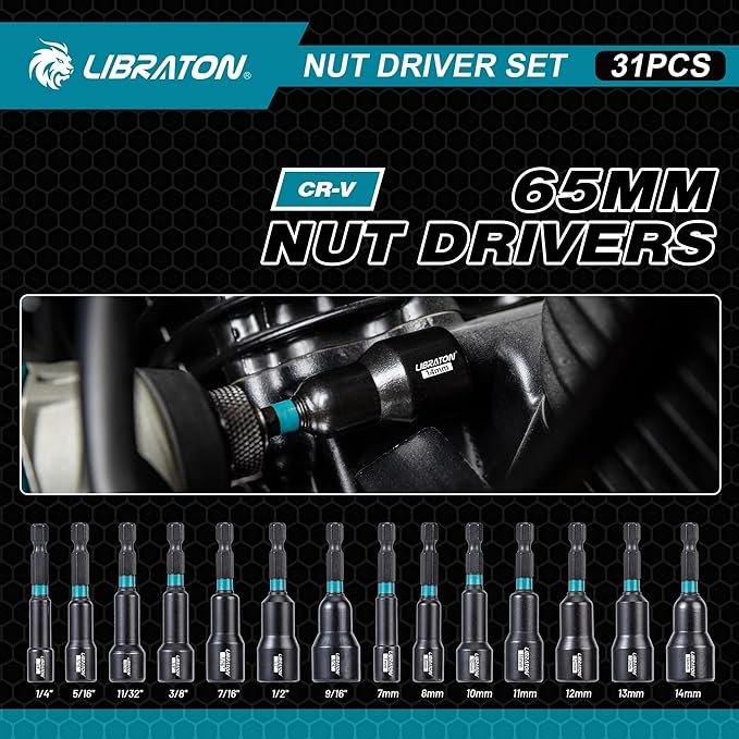 LIBRATON 31PCS Magnetic Nut Driver Set, 1/4" Impact Drill Driver Bit Set, Long Nut Drivers 6INCH, Metric & SAE Nut Drivers for Impact Drill, Socket Set, Impact to Hex Converter, PH1, PH2, Storage Box