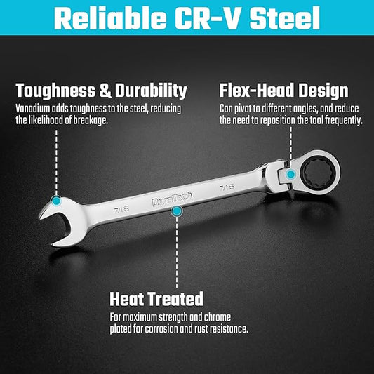 DURATECH 7/16" Flex-Head Ratcheting Combination Wrench, SAE, 72-Tooth, CR-V Steel