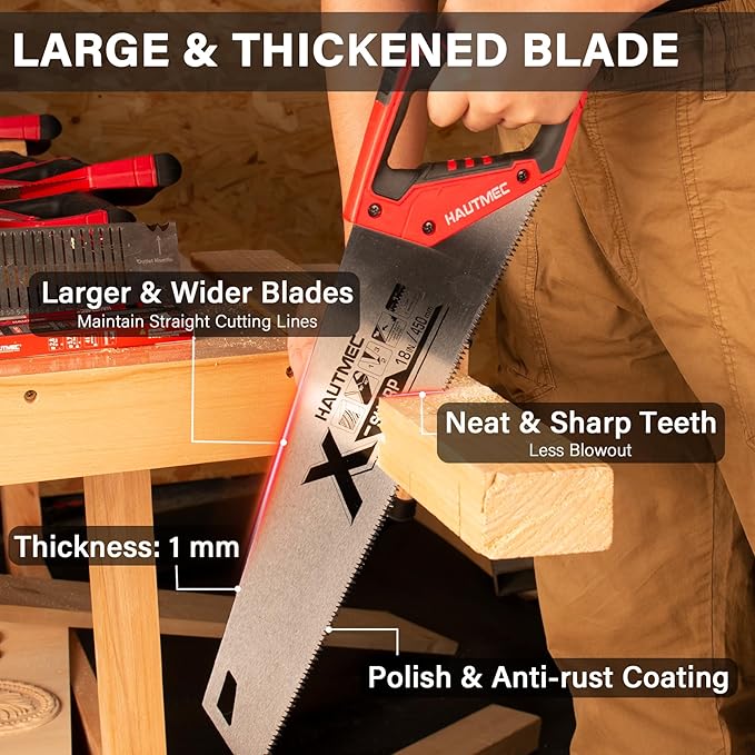 HAUTMEC 16" X-Sharp Universal Hand Saw for Speed, Cuts Quality and Accuracy, Fine-Cut Handsaw with 11 TPI Triple-Ground Teeth and 1mm Thickened Large Blade, Bi-Material Ergonomic Soft Handle – HT0152
