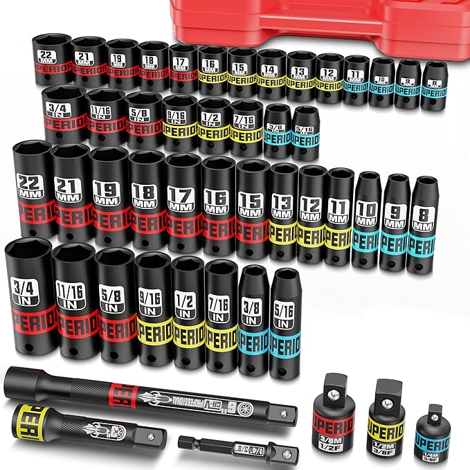 3/8" Drive Impact Socket Set, 50 Piece SAE (5/16"-3/4") and Metric (7 mm-19mm), Deep & Shallow Sockets with Extension Bars, Adapters, for Automotive Repair & Industrial Maintenance