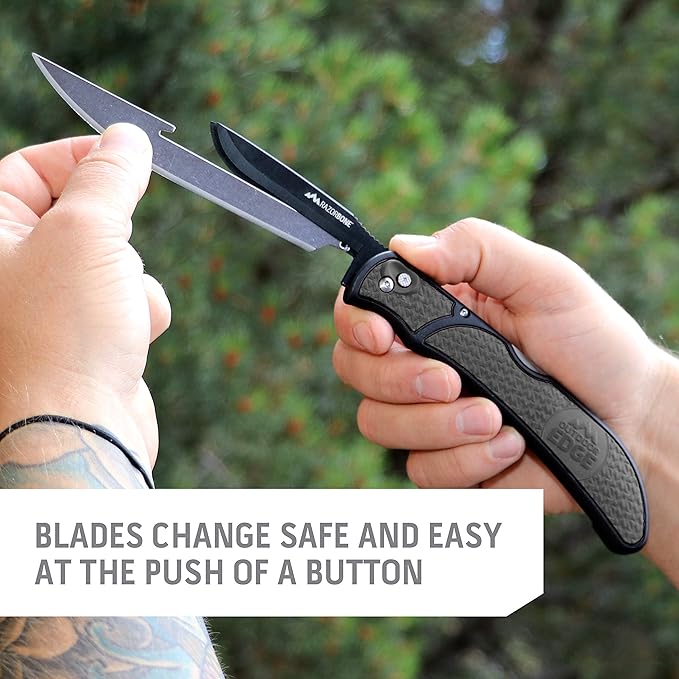OUTDOOR EDGE RazorBone Replaceable Blade Folding Hunting Knife with Clip & Sheath. 3 Butcher Knife Blade Styles - Boning, Gutting, & Skinning Knives. Gray, Camo Sheath, 6 Blades & Blade Box