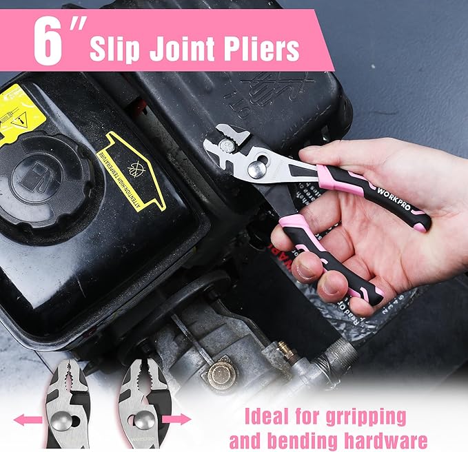 WORKPRO 3-Piece Pliers Set, Pink Tool Set Including Needle Nose & Diagonal Cutting & Slip Joint Pliers for Plumbing, Automotive and General Applications - Pink Ribbon