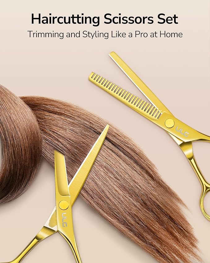 ULG Professional Hair Cutting Scissors Set ??6.5??Japanese Stainless Steel Barber Shears & Thinning Scissors with Comb, Clips & Case ??at-Home Salon Haircut Kit Gold