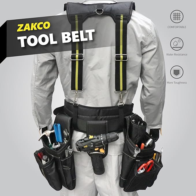 ZAKCO Professional 1680D Polyester Tool Belt with Suspender, Strudy Tool Belt for Carpenters, Framers, Electricians, Plumbers, Hanyman & DIY (Black, Full Size)