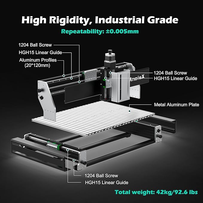 CNC Router Machine RX6040 with 1.5KW Air Cooled Spindle, All-Metal XYZ Axis Dual Steel Linear Guides & 1204 Ball Screws for Metal Aluminum Brass Wood Acrylic PCB