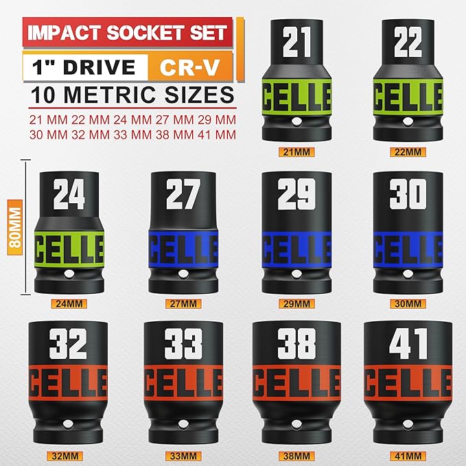 10 Piece 1-Inch Drive Impact Socket Set, 21-41mm Jumbo Sockets, Metric Alxe Nut Sockets for Automotive Repair, Equipment Maintenance
