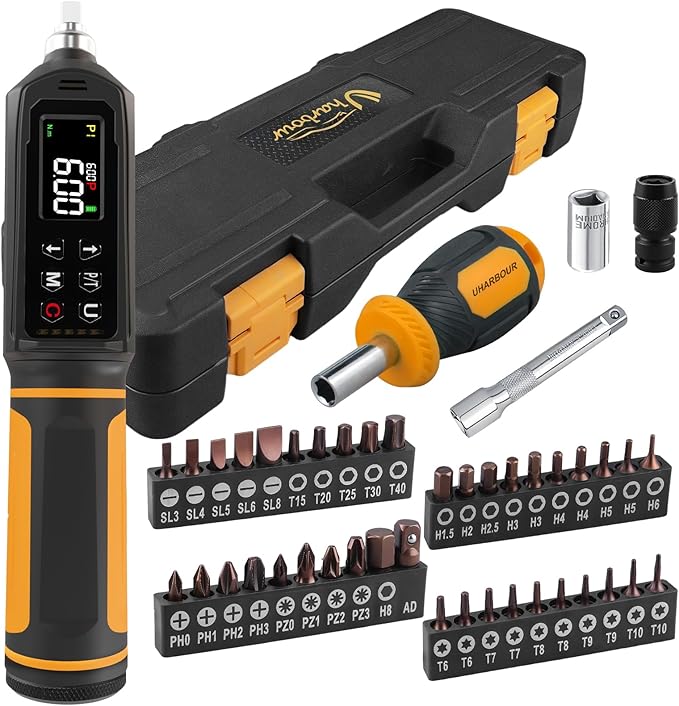 Digital Torque Screwdriver 0.09-6Nm, Torque Screwdriver Set with 1/4" Elastic Bit Holder, Exension Rod, Flat, Hex, Torx and Philips Bits, Suitable for Gunsmithing, DIY, Bicycle Maintenance