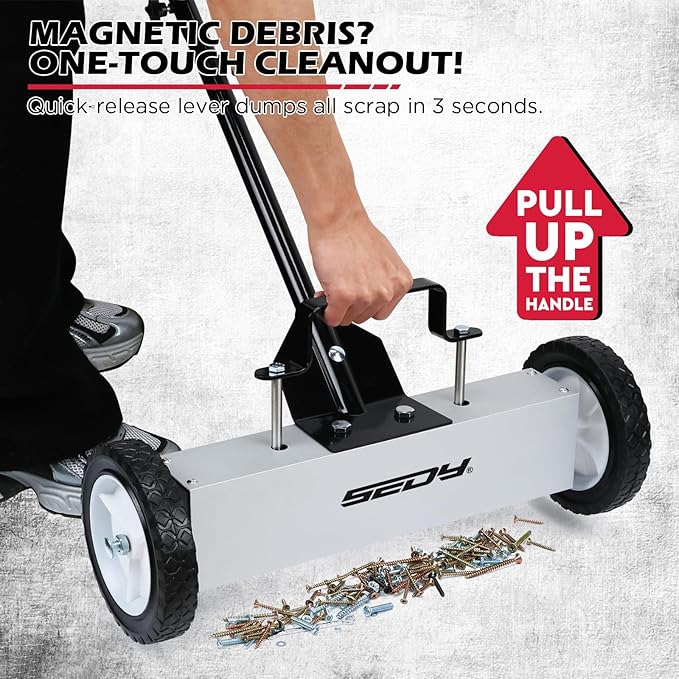 18-Inch Rolling Magnetic Sweeper with 9.5-inch Magnetic Trays, 45-Pound Capacity Telescoping Magnetic Pickup Lawn Sweeper, Adjustable Handle Pick-up Sweeper for Nails, Screws Workshop Garage Yard
