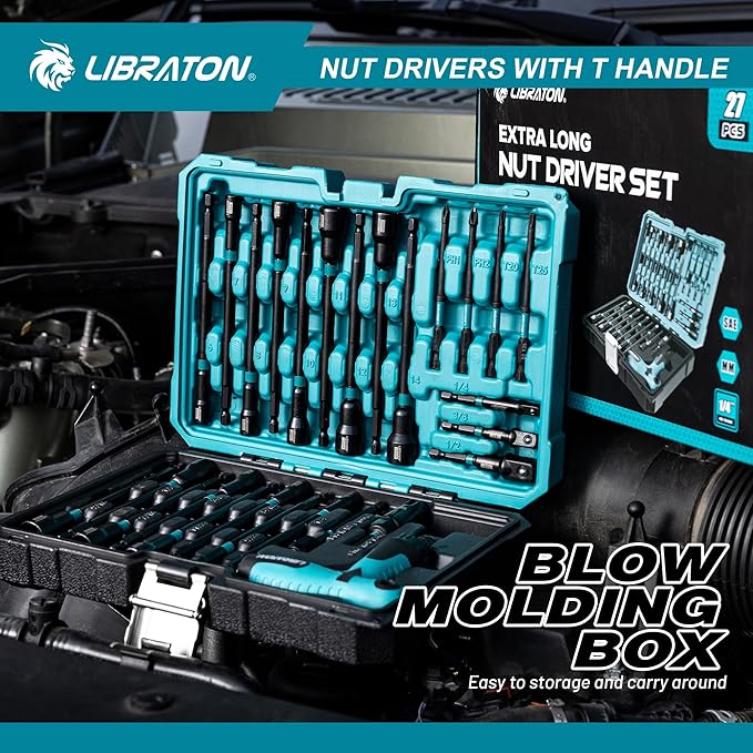 LIBRATON 27PCS Magnetic Nut Driver Set with Ratcheting T Handle, Nut Driver Set for Impact Drill, Metric & SAE Long Socket Set, Drill Bits, Socket Adapters, Wing Nut Driver, Quick-release Bit Holder