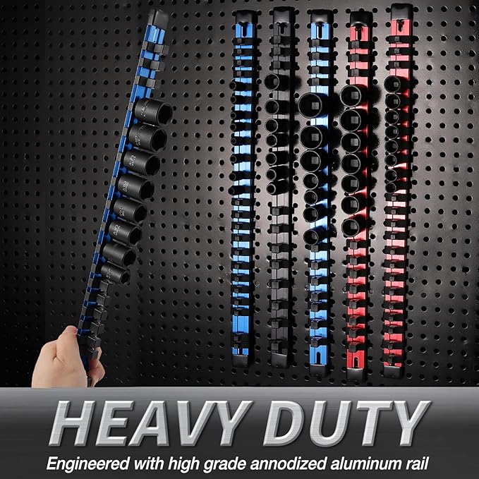 ALOANES 3-Piece 3/8-Inch Drive Aluminum Alloy Socket Organizer, Heavy Duty Socket Racks, Socket Holder Kit for Toolbox Drawer Fit 3/8-Inch x 54 Clips (Blue)