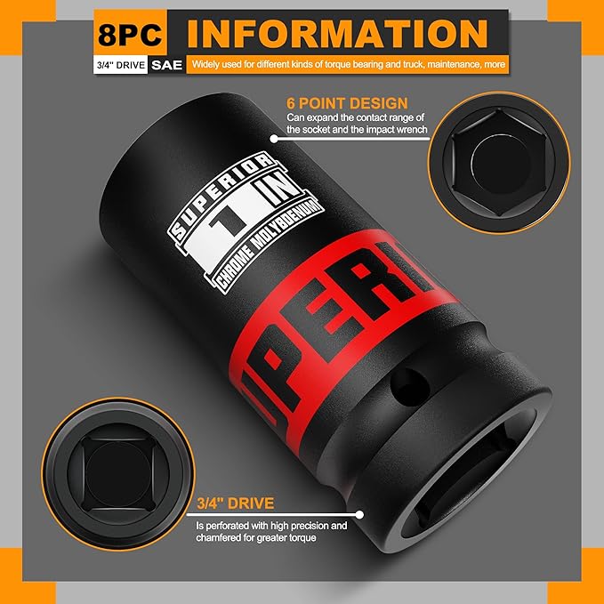 8 Piece 3/4" Drive Impact Socket Set, 1" to 1-1/2" Deep Socket, SAE Axle Nut Socket, 6-Point, Heavy Duty CR-MO, Large Automotive Repairs, Agricultural implement